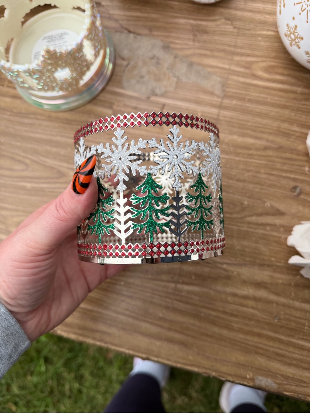 Bath & Body Works Silver & Green Christmas Tree Candle Sleeve with Red Trim